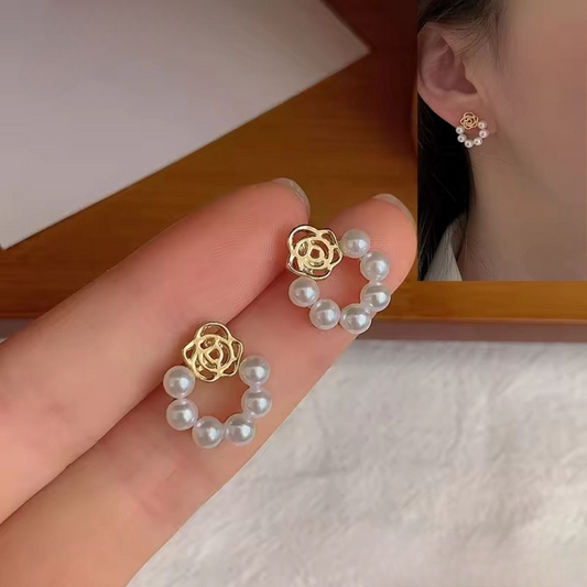 Golden Rose Pearl Hoop Earrings