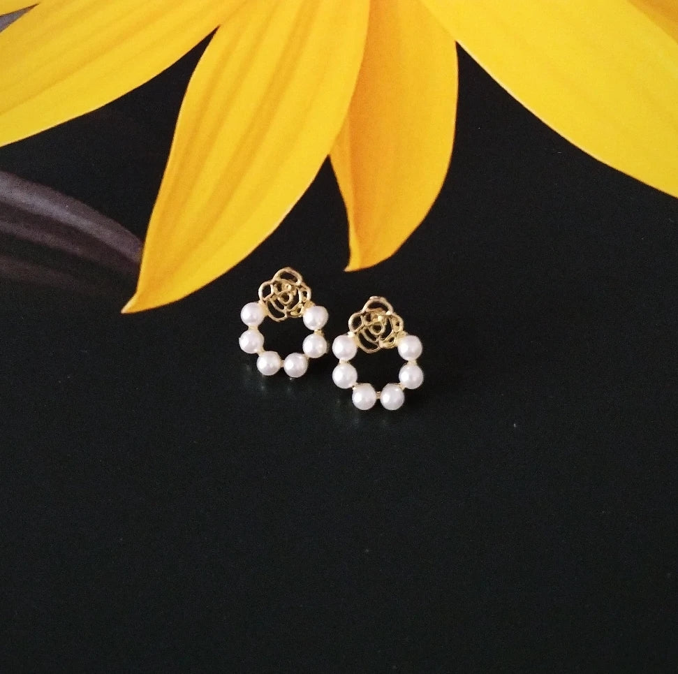 Golden Rose Pearl Hoop Earrings