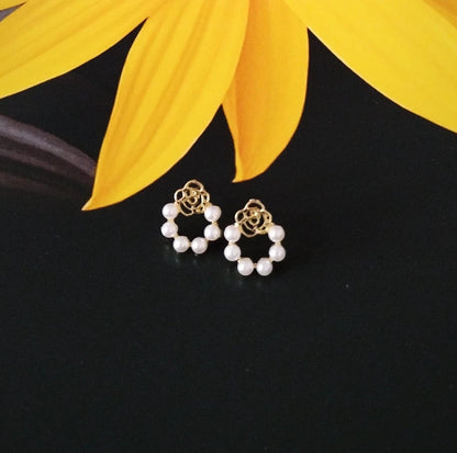 Golden Rose Pearl Hoop Earrings