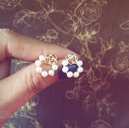 Golden Rose Pearl Hoop Earrings